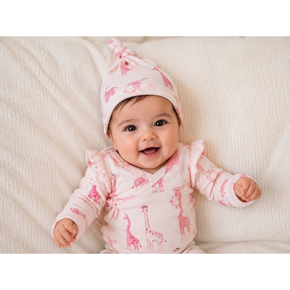 Janie and Jack Newborn Pink Giraffe Print Knotted Beanie Hat Cotton Cap NWT